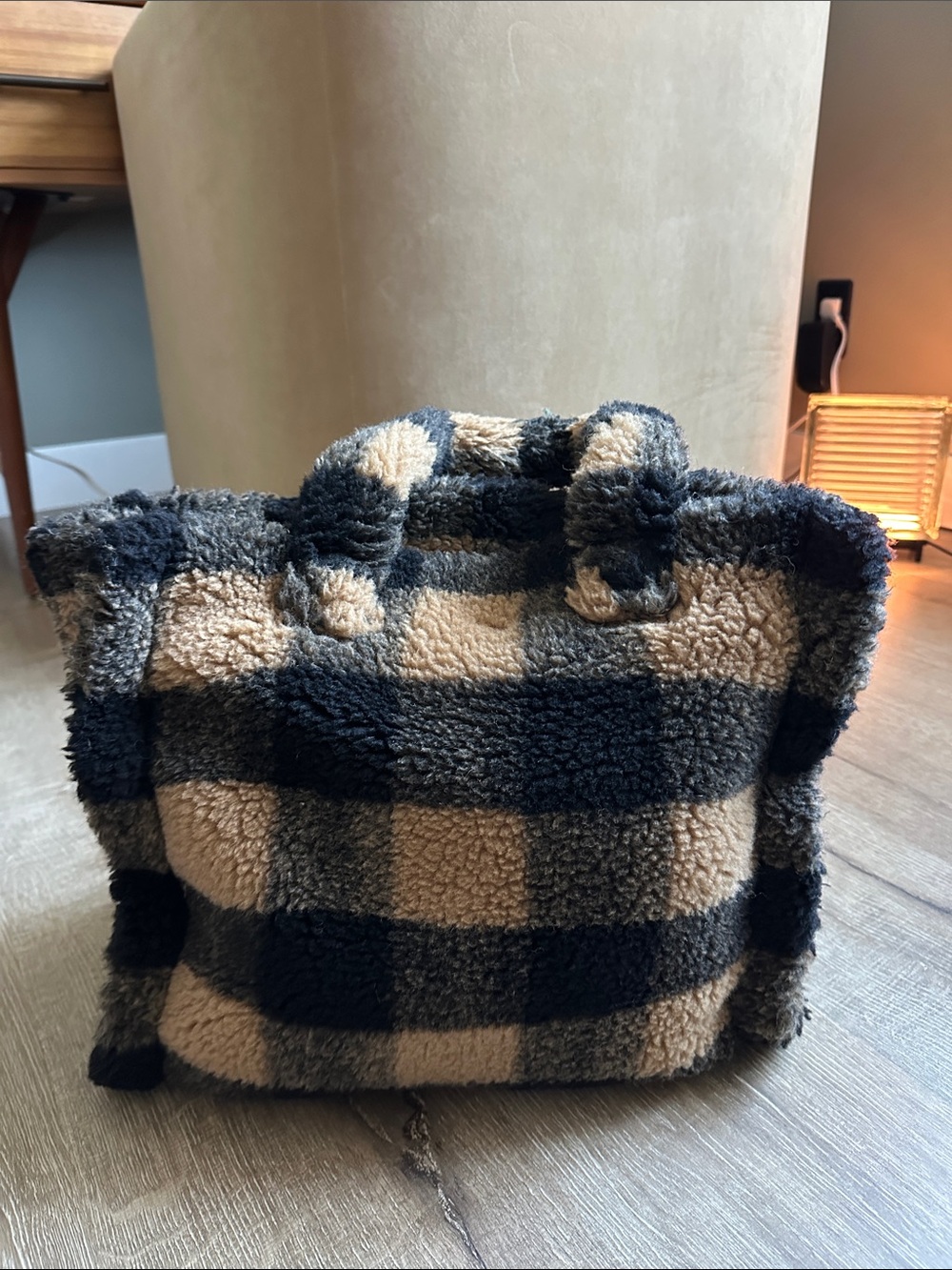 Stand Studio Plaid Sherpa Tote in Beige and Black